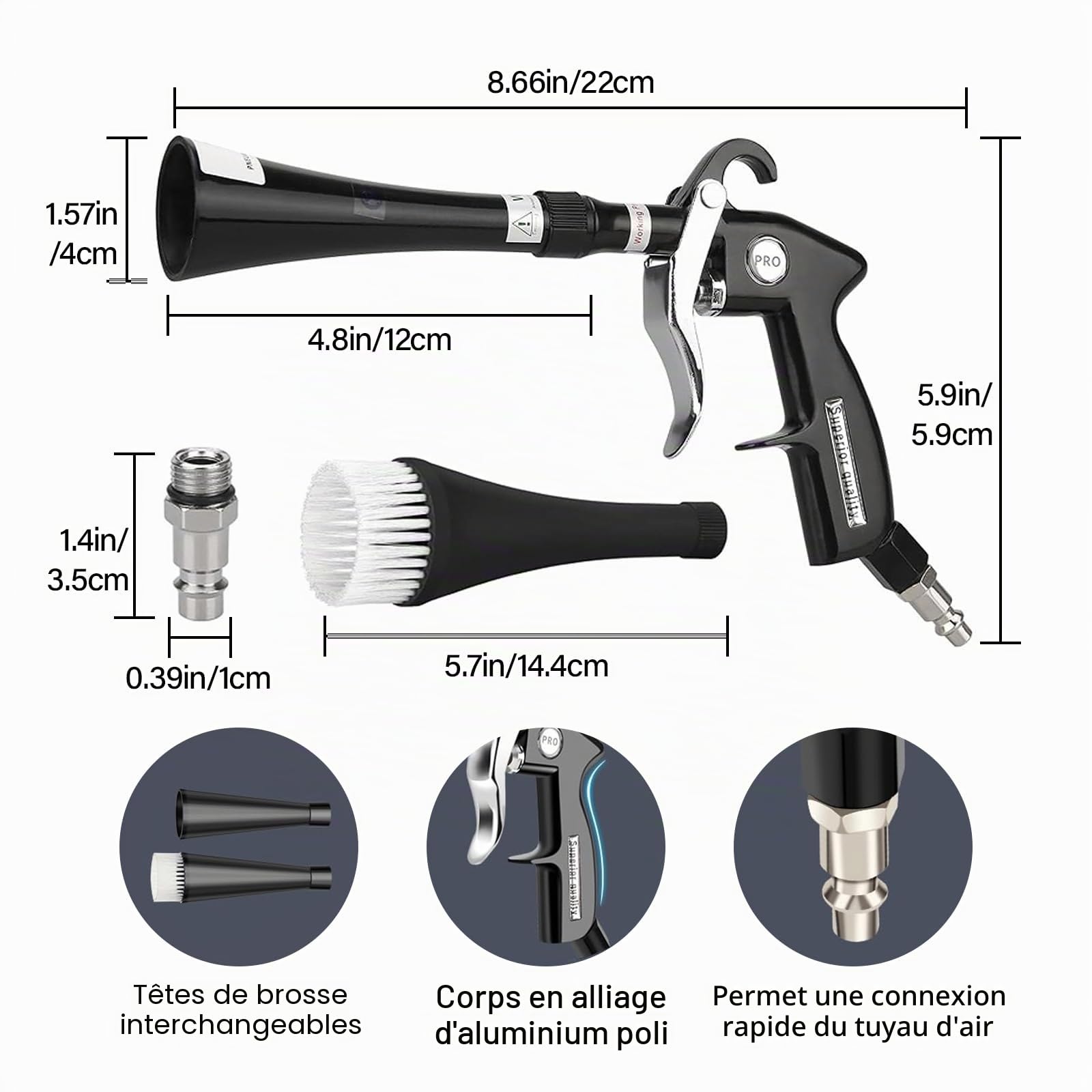 YUEWO Pistolet de soufflage d'air comprimé Pistolet de nettoyage à sec Buse rotative Compresseur à air adapté à 0.6-0.92 MPa Pistolet compresseur air pour nettoyage voiture