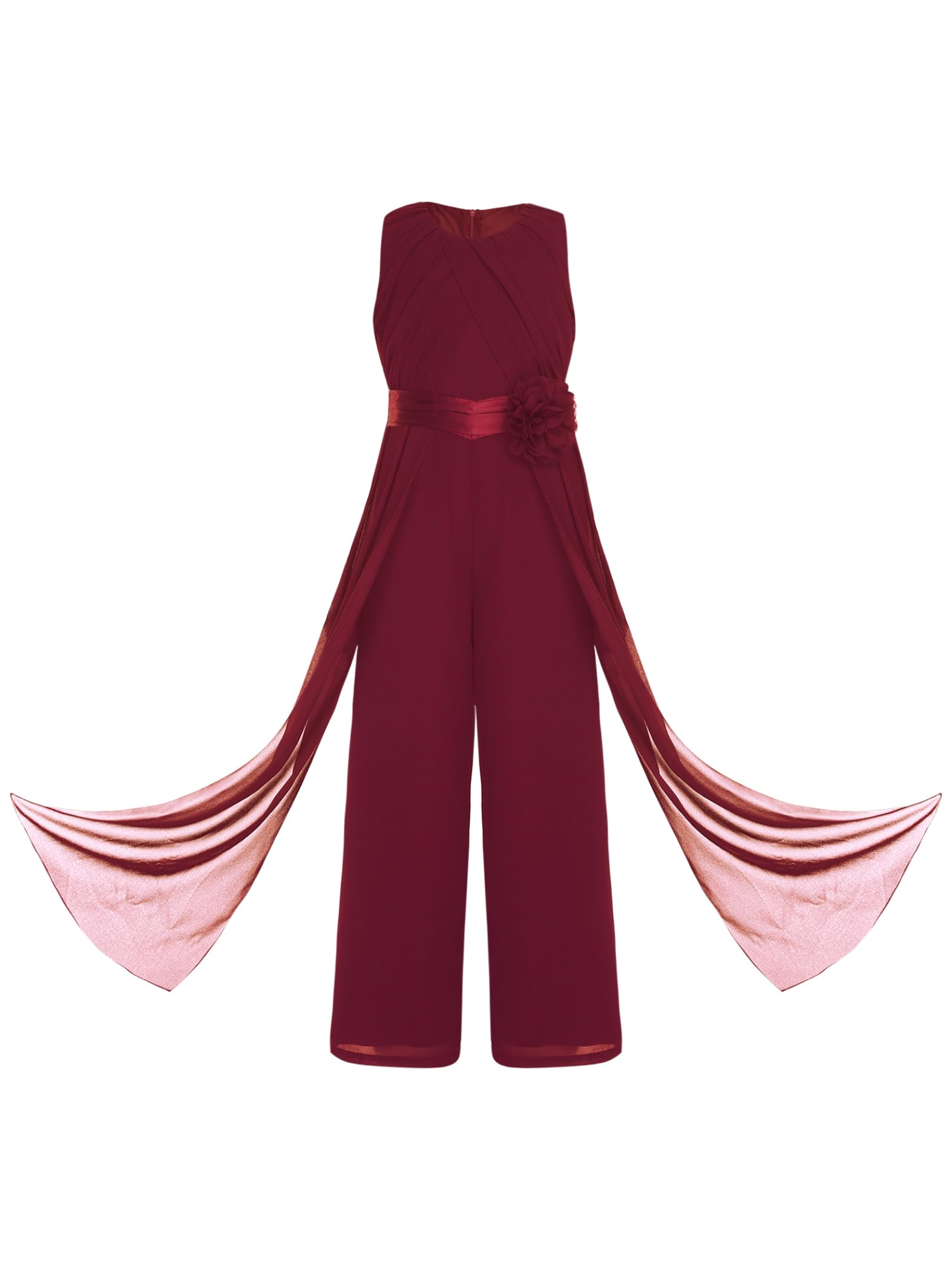 Mädchen Jumpsuit Festlich Overall Elegant Hosenanzug mit Blumen Taillengürtel Weites Bein Hose Festlich Hochzeit Geburtstag Party Outfits Burgundy 158-164