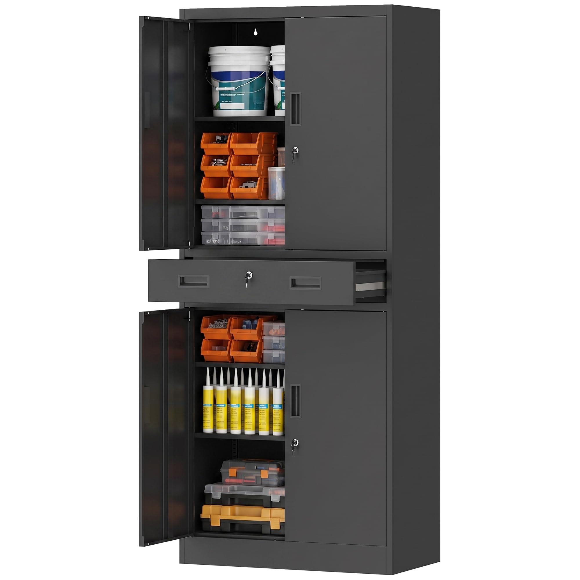 HOMCOM Armoire de Rangement métallique 180 cm avec Portes verrouillables, tiroir et étagères réglables, Noire