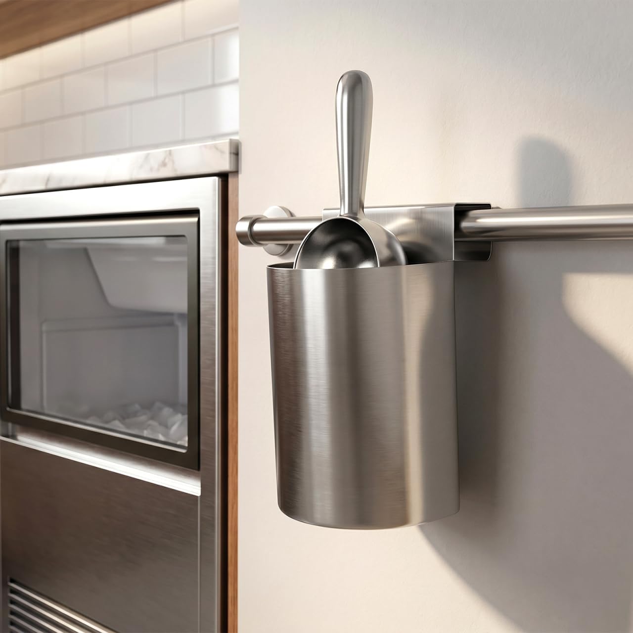 CALLARON Heavy Duty Metal Ice Scoop Holder, Hanging Ice Scoop Storage Organizer for Freezer & Refrigerator Shelf, Large Hanging Organizer for Maker, Bar, Kitchen & Commercial Use, Silver