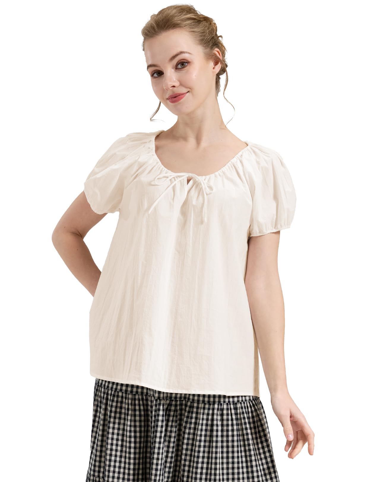 BEAUTELICATE Blusa Campesina Mujer 100% Algodón Blusa Holgada con Manga Abullonada Estilo Boho Cottagecore Medieval para Verano