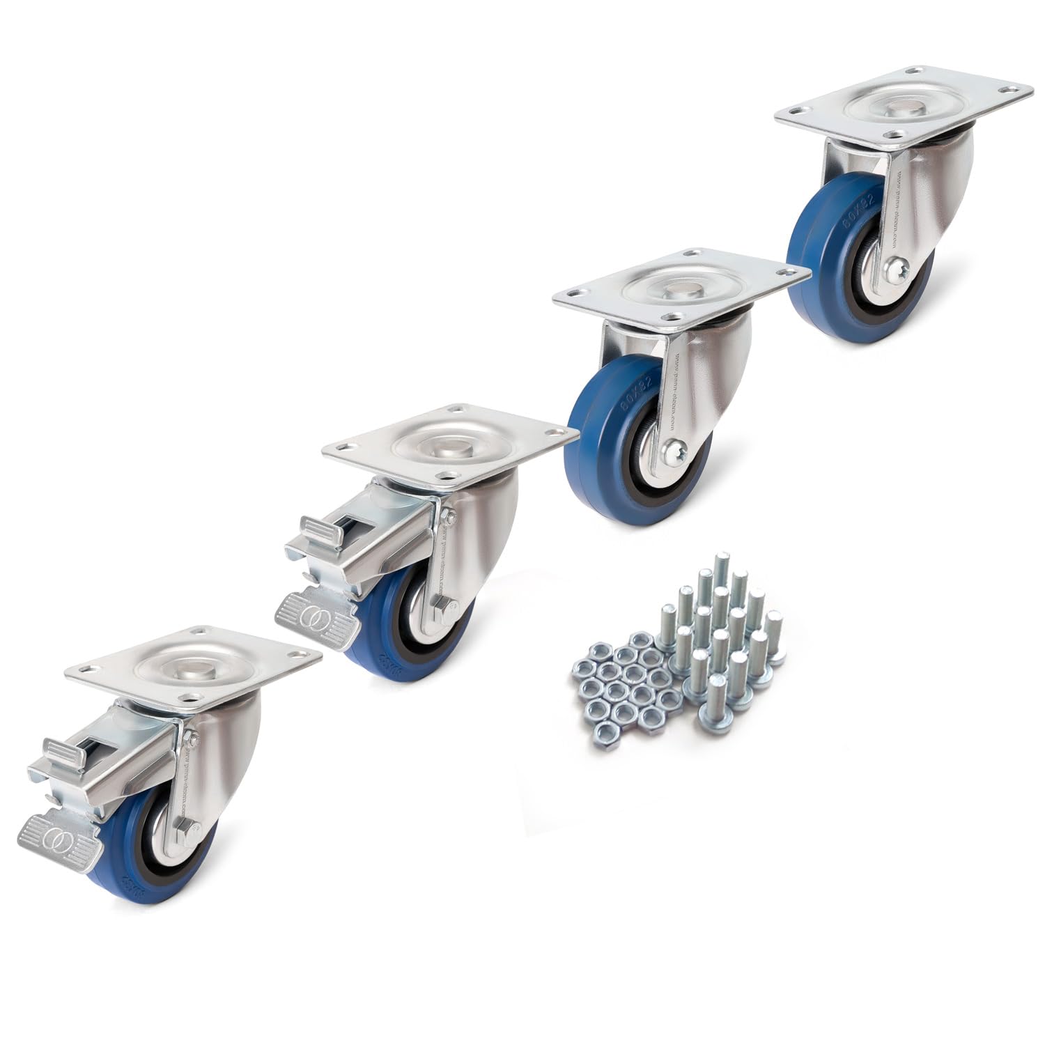 PENN ELCOM 3 1/8" Blue Caster Kit with Fasteners | 2 Swivel Casters with Rubber Wheel & 2 Swivel Braked Rubber Wheel Casters