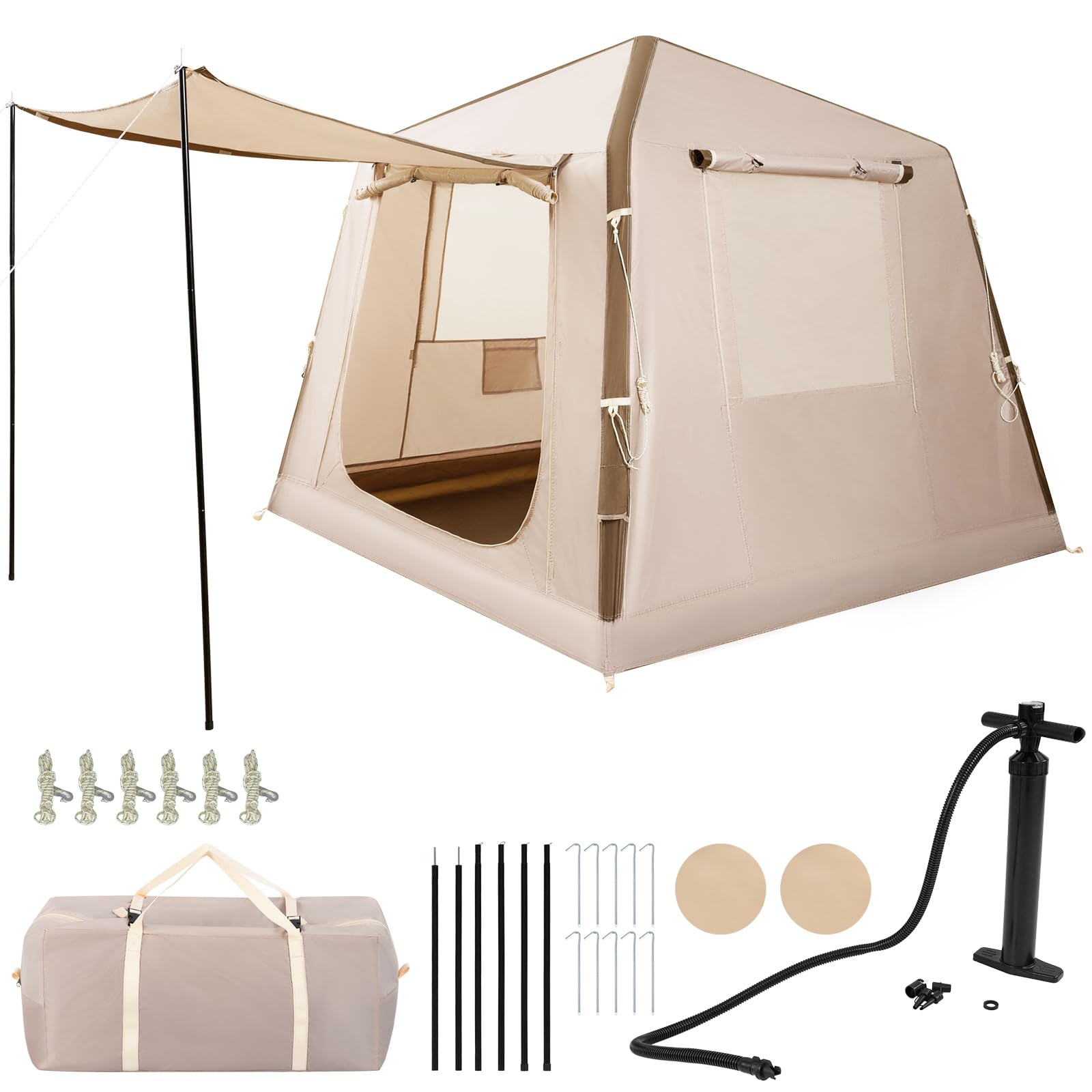 COSTWAY Inflatable Camping Tent, Portable Blow up Air Glamping Tent with Pump, Doors, Mesh Windows, Canopy and Storage Bag, Easy Setup Windproof Luxury Cabin Tents (206 x 206 x 180 cm)