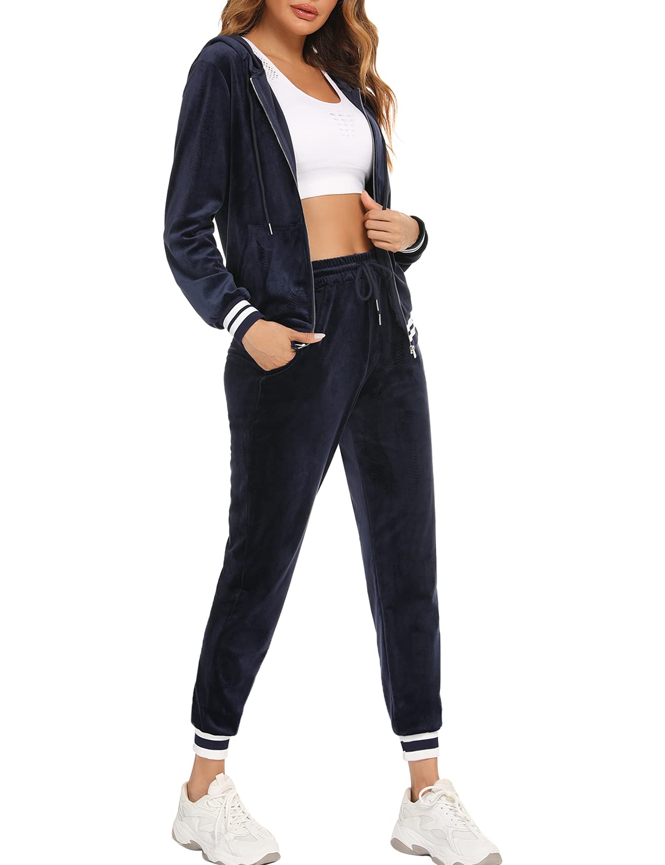 Conjunto Chándal Mujer Chandal Completo Deportivo Sudadera Capucha Camiseta Manga Larga y Pantalón Casual Yoga Correr Fitness Ropa Deportiva con Rayas 2 Pieces