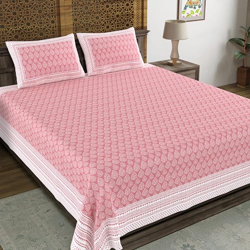 Image of BLOCKS OF INDIA Hand Block Printed 200 TC Cotton Super King Size Bedsheet (Pink DOT)