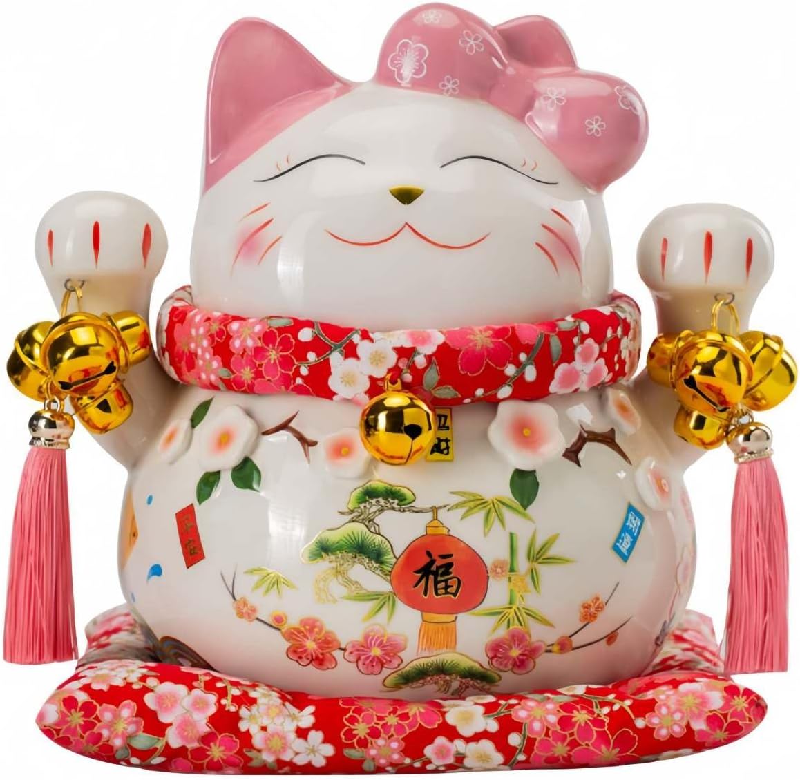 Xiesisi 招き猫 プレミアム白磁製 松竹梅 大型 座布団付 貯金箱 磁器製 金運招財 まねき猫 手描き ハンドメイド ネコ ね