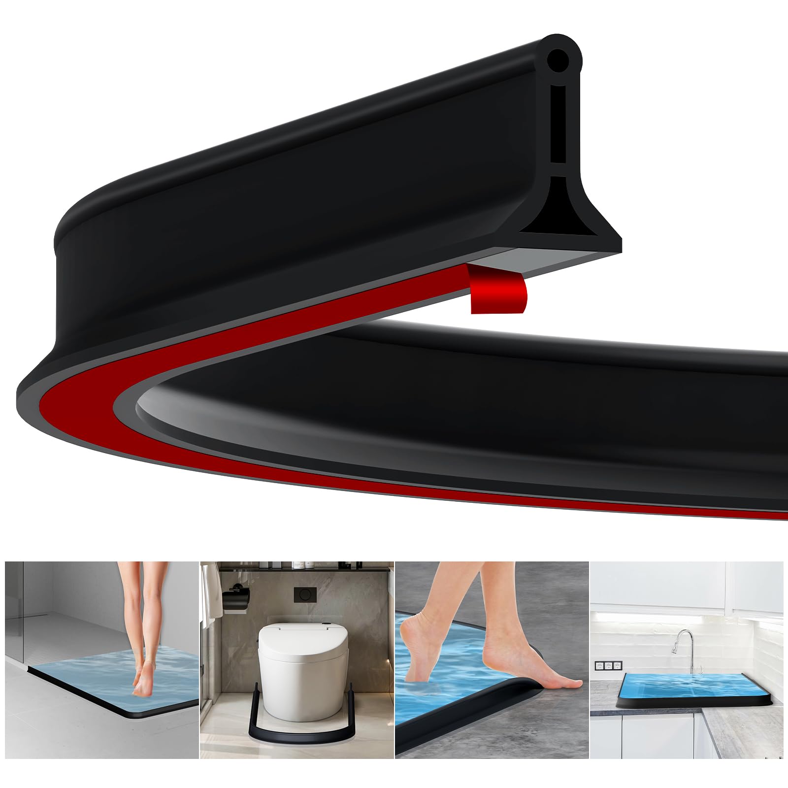 Wet Room Floor Barrier, 2m Self-Adhesive Shower Splash Guard, Rubber Shower Water Barrier, Shower Threshold Water Barrier, Flexible Shower Screen Seal Strip for Bathroom Floor Sink (Black)