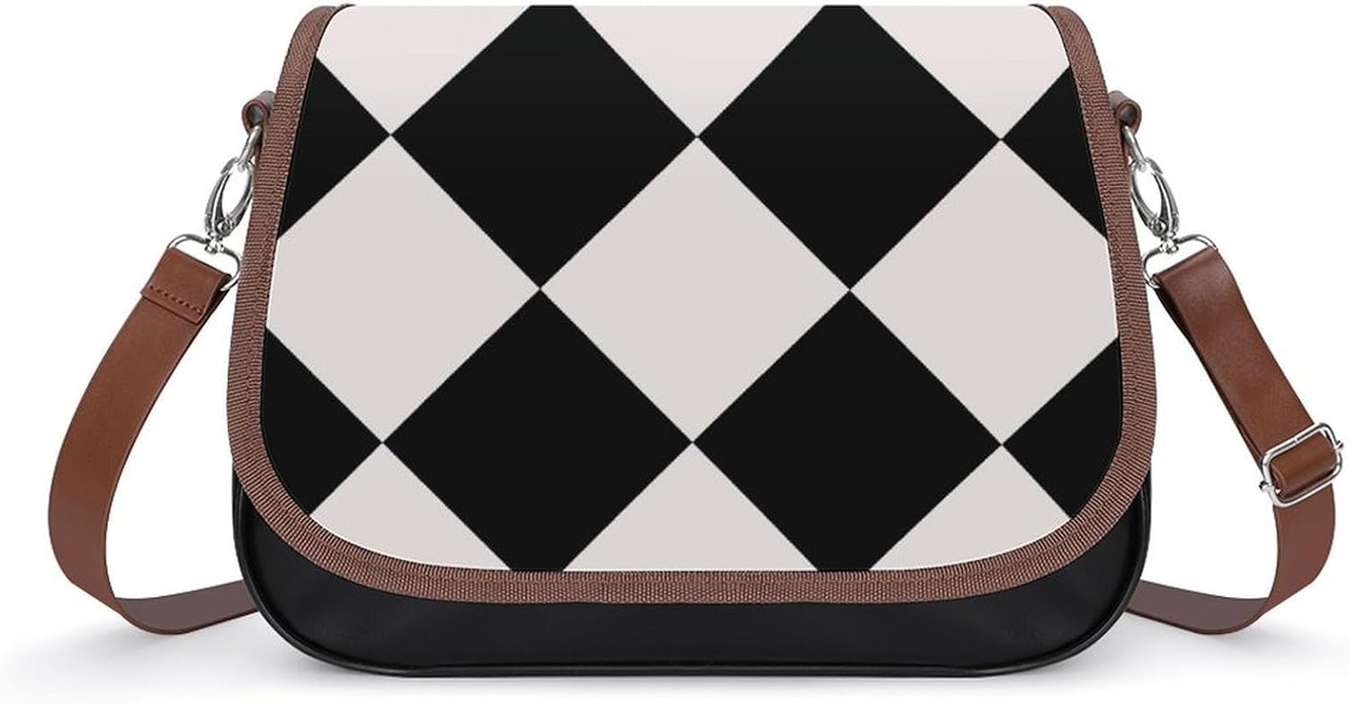 Black And White Diamond Harlequin Pattern HippieWomen's Faux Leather Crossbody Bag, Waterproof Wrinkle-Resistant Shoulder Bag with Detachable Strap, Large Capacity Casual Handbag, Fashion Daily Purse
