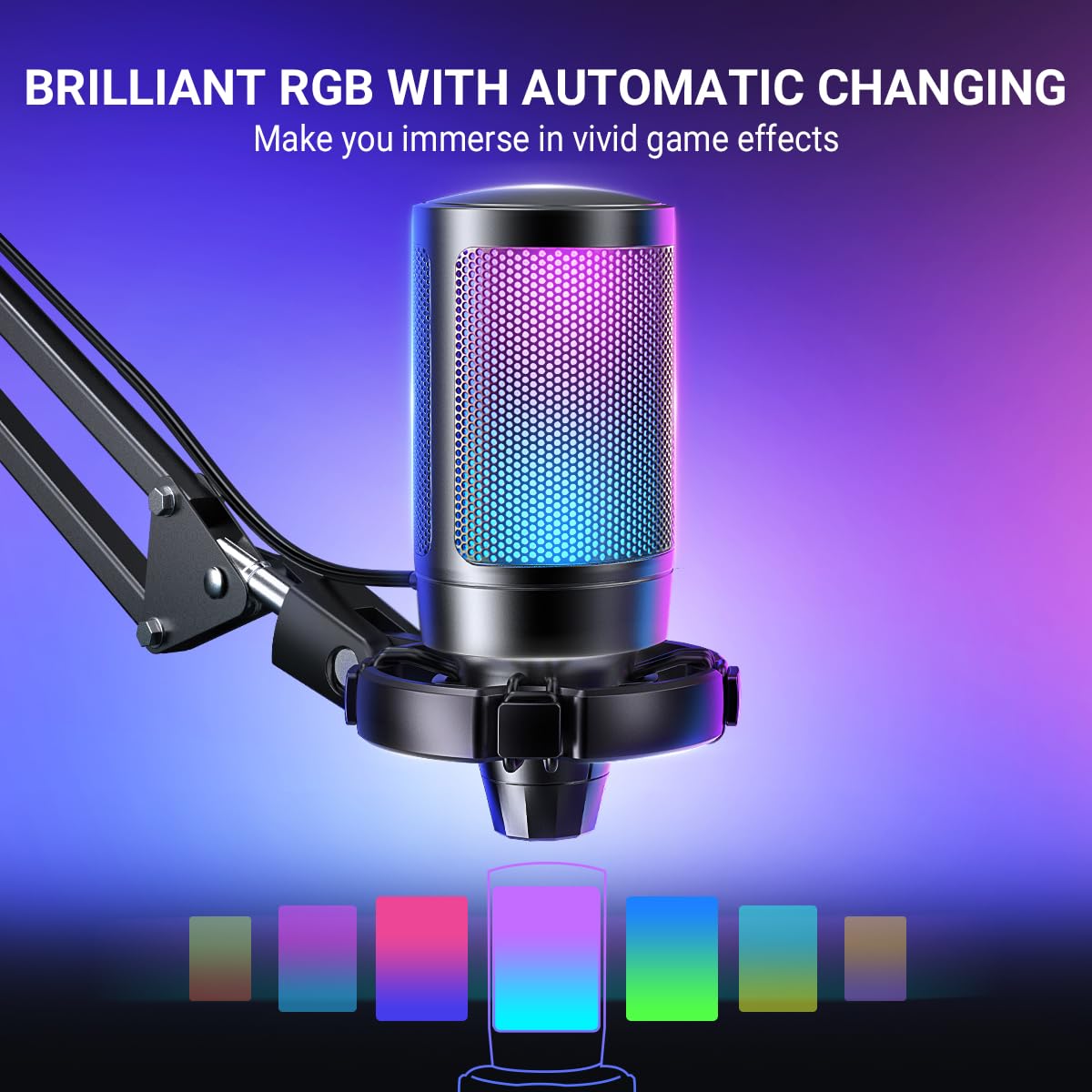 FIFINE Microfono USB per PC da gioco, microfono a condensatore podcast con braccio a braccio, filtro pop, pulsante mute per streaming, Twitch, chat online, microfono RGB per computer per PC Gamer