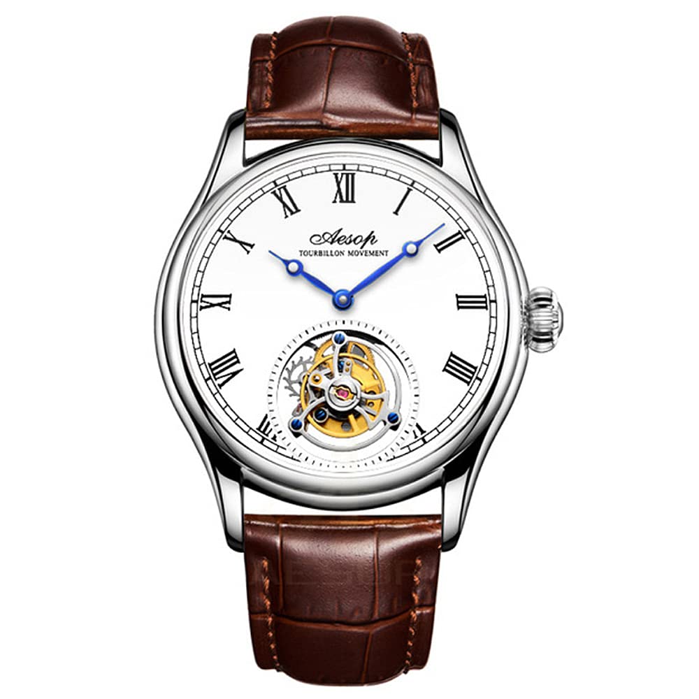 AESOPMen Mechanical Tourbillon Watches Hand Wind Sapphire Stainless Steel Skeleton Wrist Watches 50M Waterproof Luxury Business Watch with Genuine Leather Strap