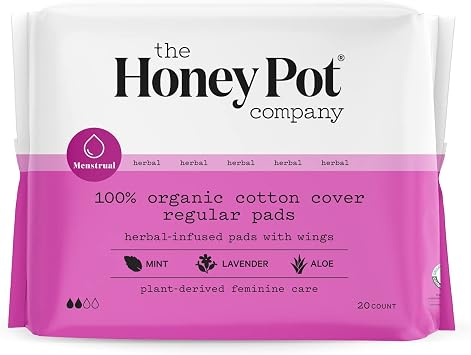 The Honey Pot Company Clean Cotton Regular Absorbency Pads, Herbal-Infused Pads with Wings, Plant-Derived Feminine & Menstrual Care. Product RED 20 ct.