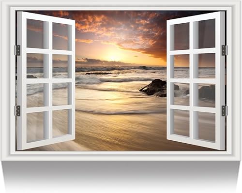 Kreative Arts - Lienzo impreso, cuadro con marco de ventana y paisaje, decoración de pared, listo para colgar