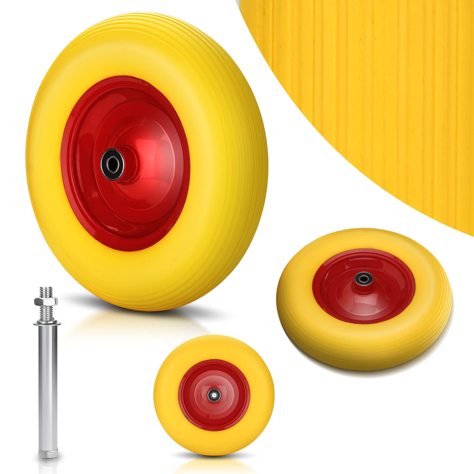 4x Schubkarrenrad Vollgummireifen mit Achse 4.80 4.00-8 Ø 390mm 95mm Metallfelge Gummirad, pannensicher, 200 kg Tragkraft Ersatzrad, Reifen gelb-rot, für Gartenkarren