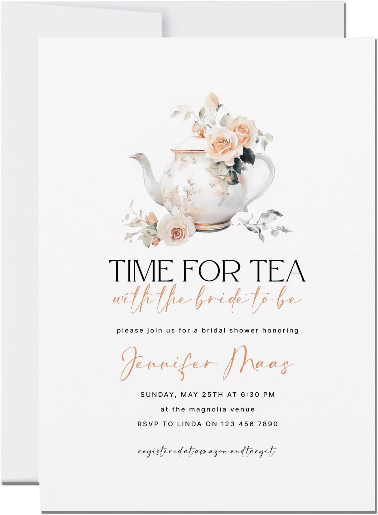 Personalized Tea Party Bridal Shower Invitation, Time for Tea with the Bride to Be 5x7, Custom Floral Design with Name, Date and Time, Printed Cards with Envelopes