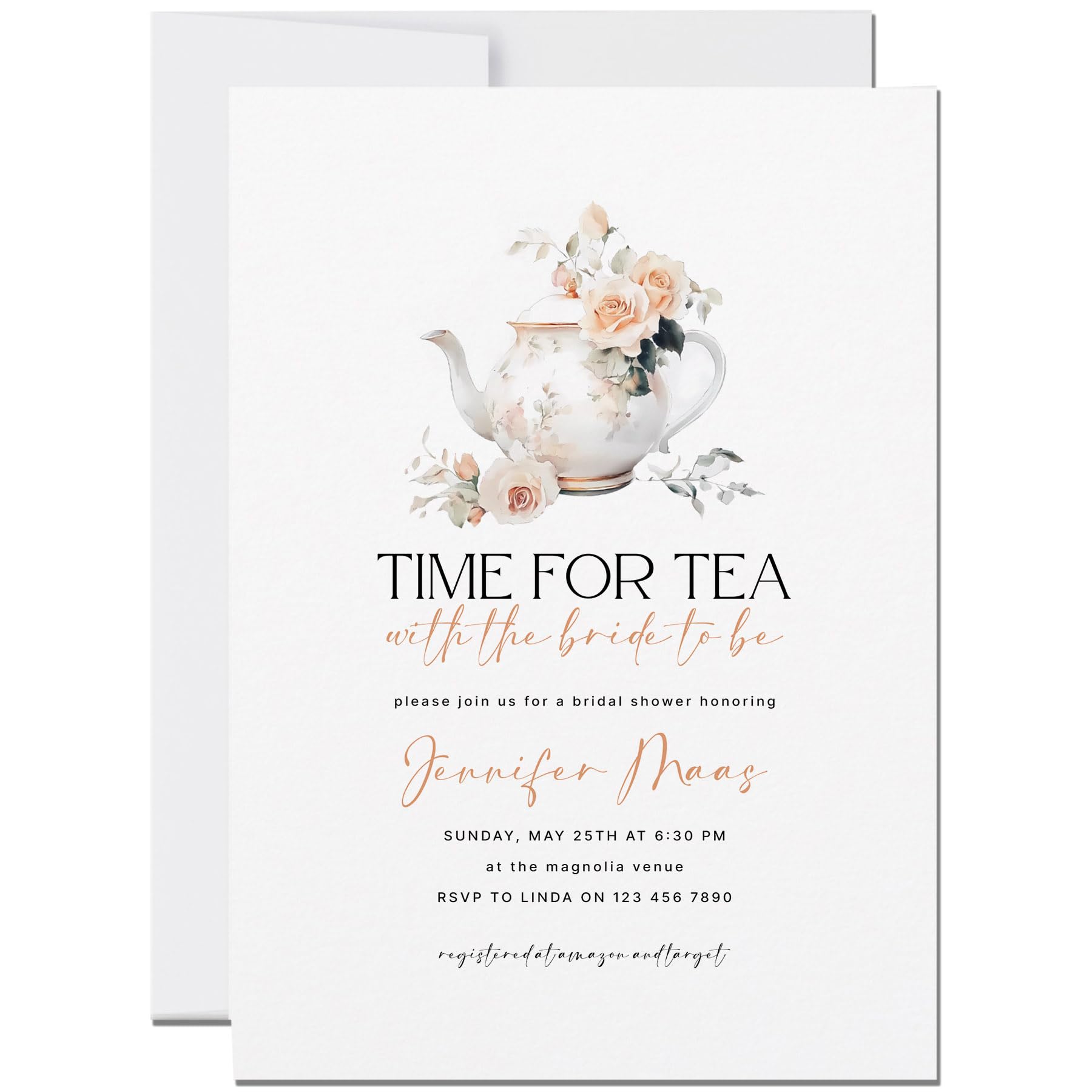 Personalized Tea Party Bridal Shower Invitation, Time for Tea with the Bride to Be 5x7, Custom Floral Design with Name, Date and Time, Printed Cards with Envelopes