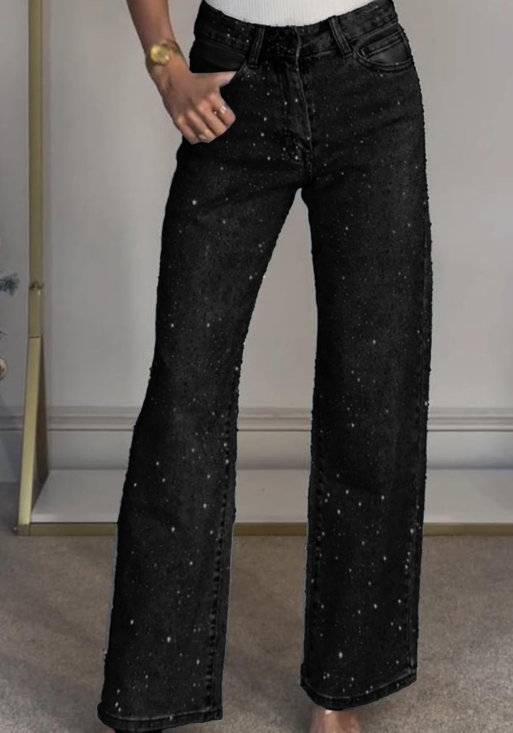 Womens Baggy Sparkle Wide Leg Jeans Fall Trendy Causal Rhinestones Denim Pants - Image 5