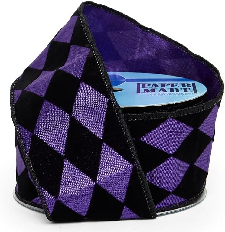 Harlequin Print On Faux Linen Wired Ribbon, 2 1/2" X 10YD, Flocked, Purple/Black, Roll 1