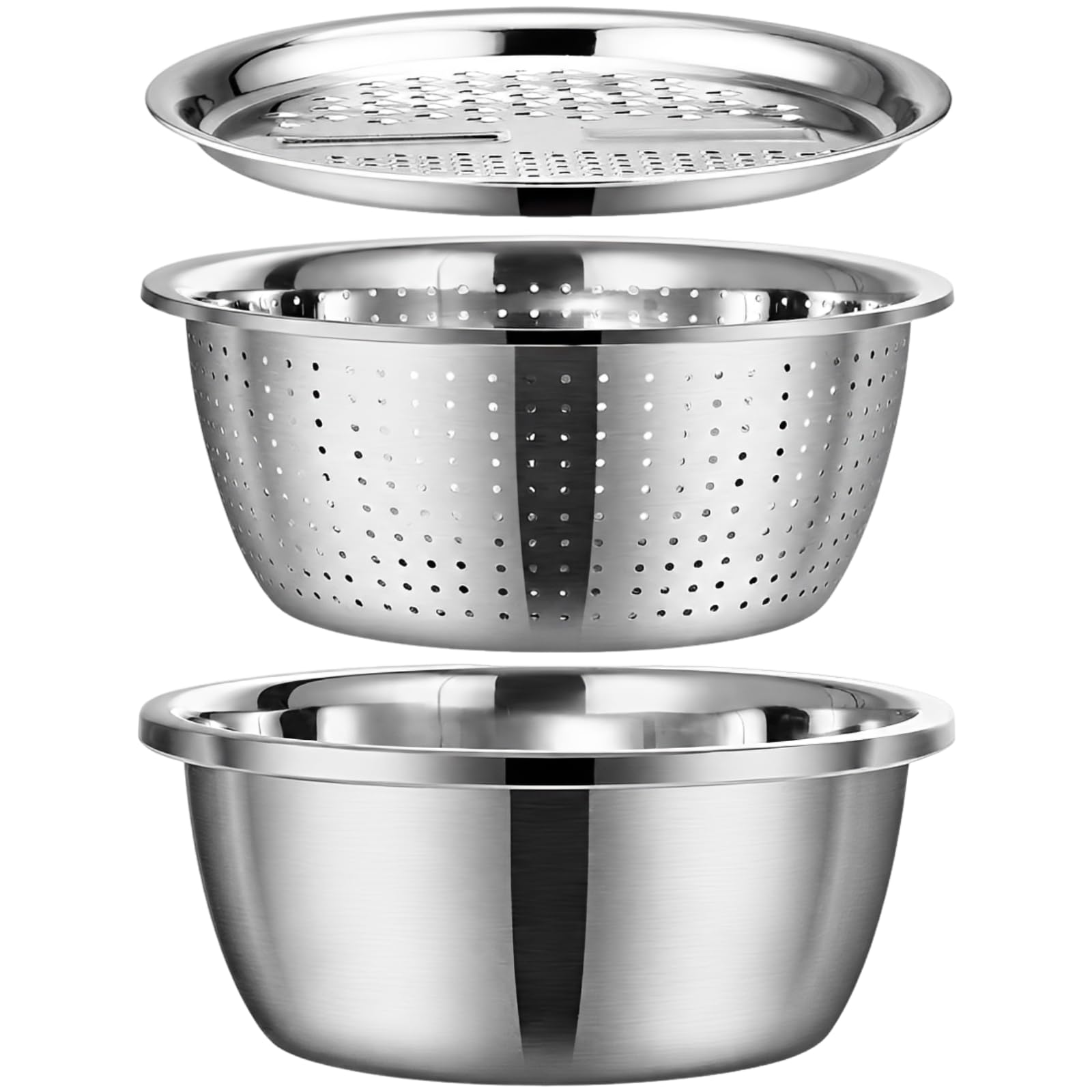 3-in-1 Edelstahl-Reibeset, 10,2 Zoll multifunktionales Küchen-Set aus Edelstahl mit Schneiddeckel, Abtropfsieb und Rührschüssel, stapelbar, spülmaschinengeeignet, zum Waschen und Abtropfen von Obst