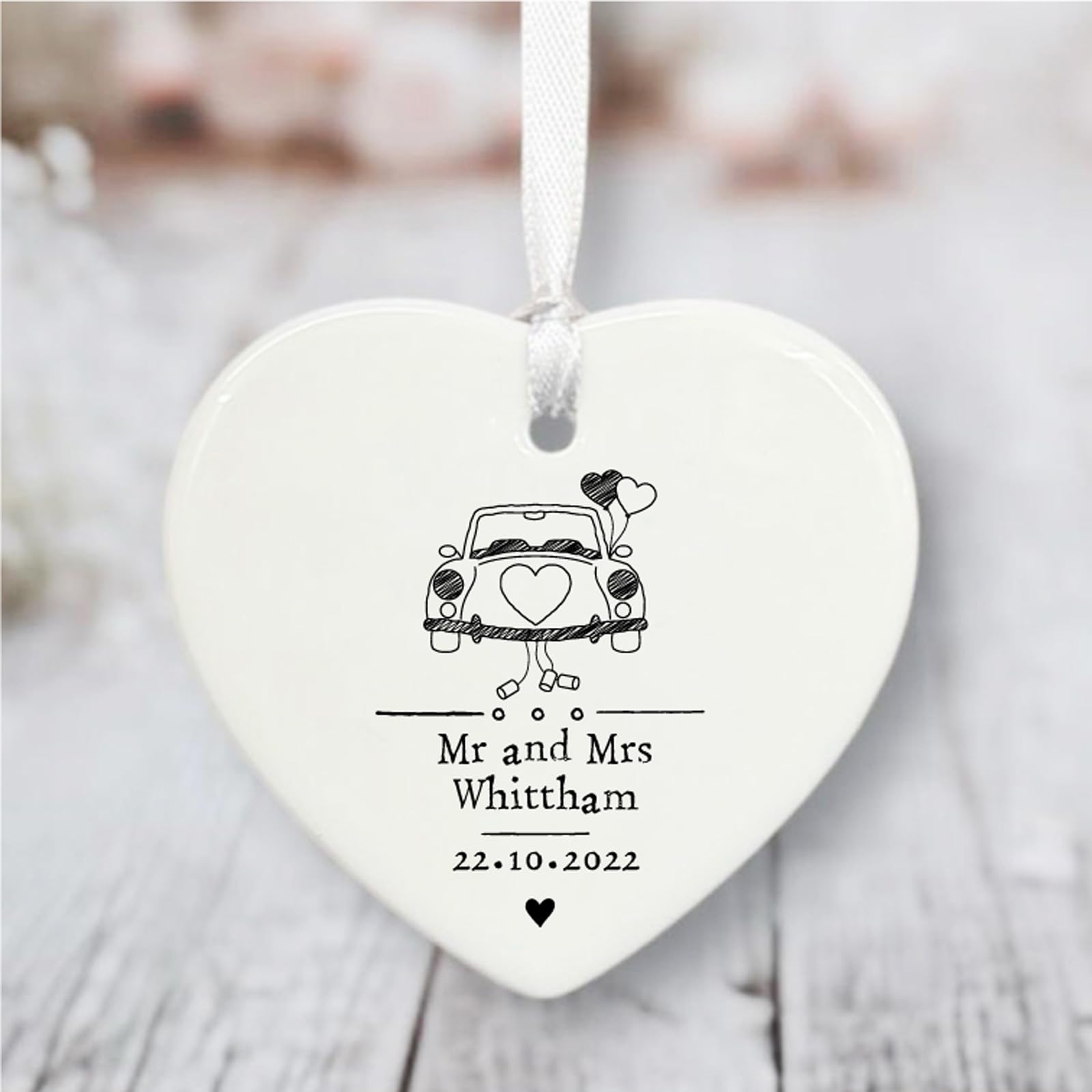 Luck And Luck White Personalised Porcelain Wedding Gift, Custom Hanging Heart Wedding Keepsake Names Dates, Ceramic Heart Ornament, Double Sided
