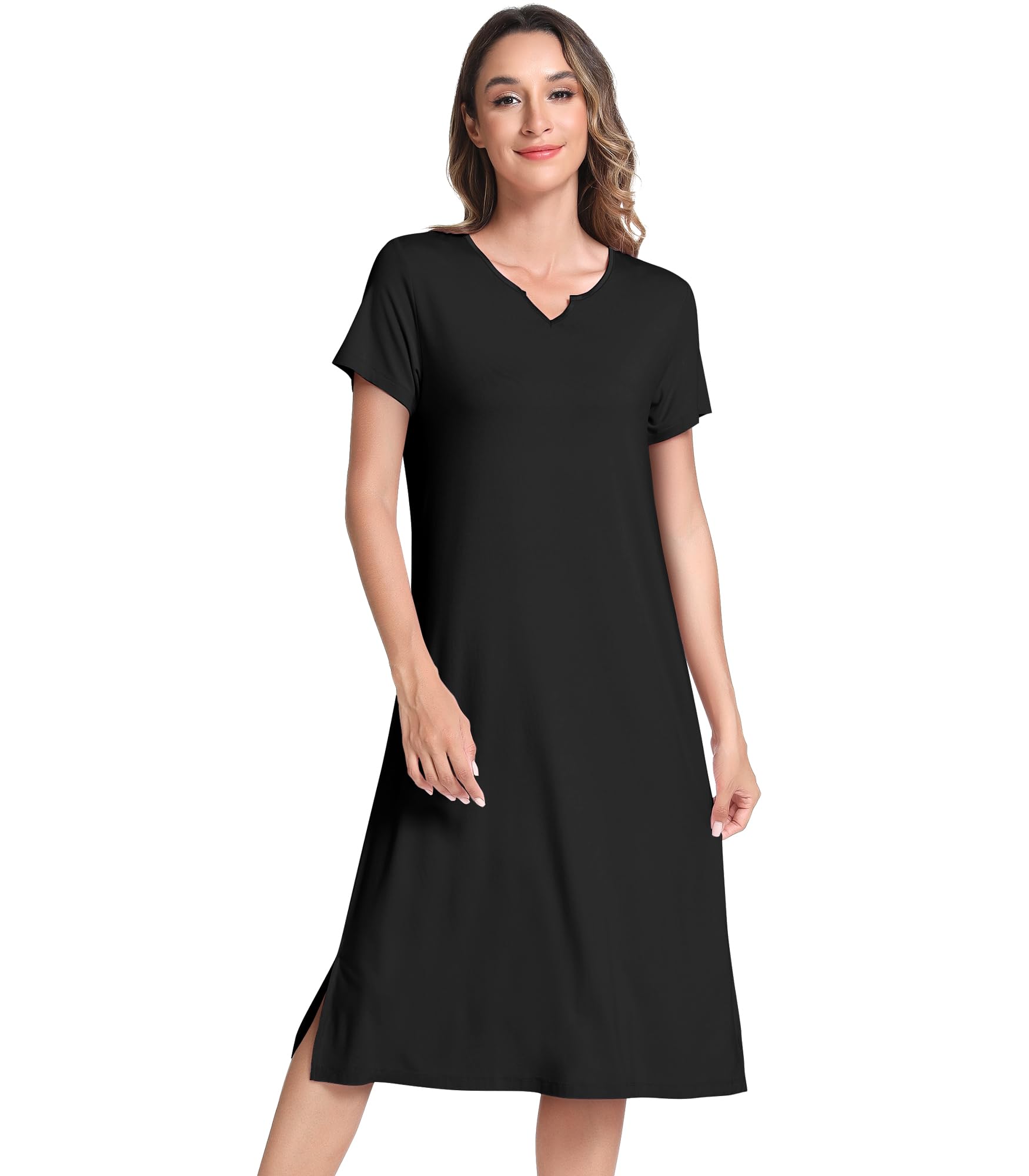NACHILA Bamboo Viscose Nightgowns for Women Short Sleeve V Neck Sleepwear | Below the Knee Nightgowns, Tagless V-Neck Sleepshirt, Comfortable Short Sleeves, Side Slits Design, Relaxed Loose Fit