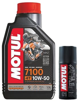 Motul 7100 4T 10W-50 API SN Fully Synthetic Petrol Engine Oil for Bikes (1.5 L) & Motul C1 Chain Clean for All Bikes (150 ml)