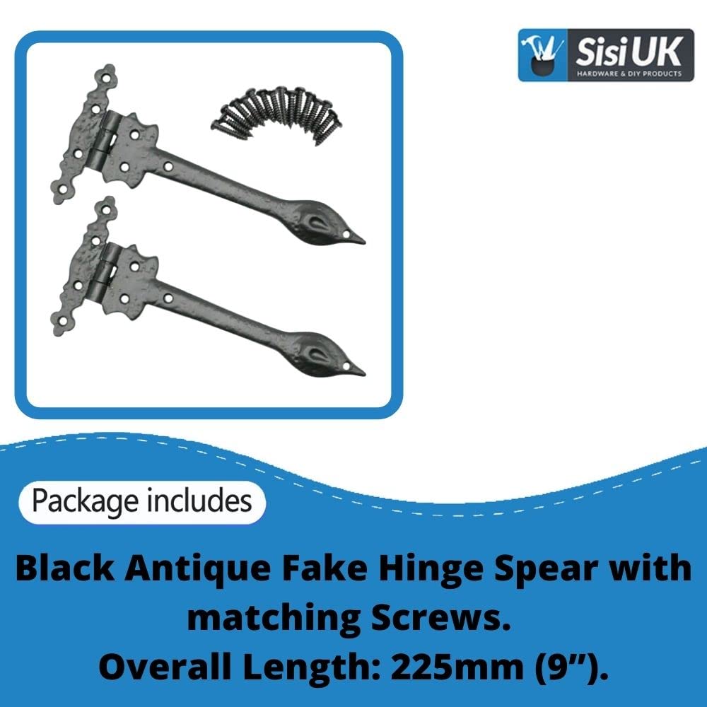 Black Antique Door Spear Door Hinge 9 Inch False Tee Door Hinges Decorative Victorian Spear Garage Gate Hinge Sliding Door Front Hinge with Matching Fixing Screws Pack of 2 - Image 2