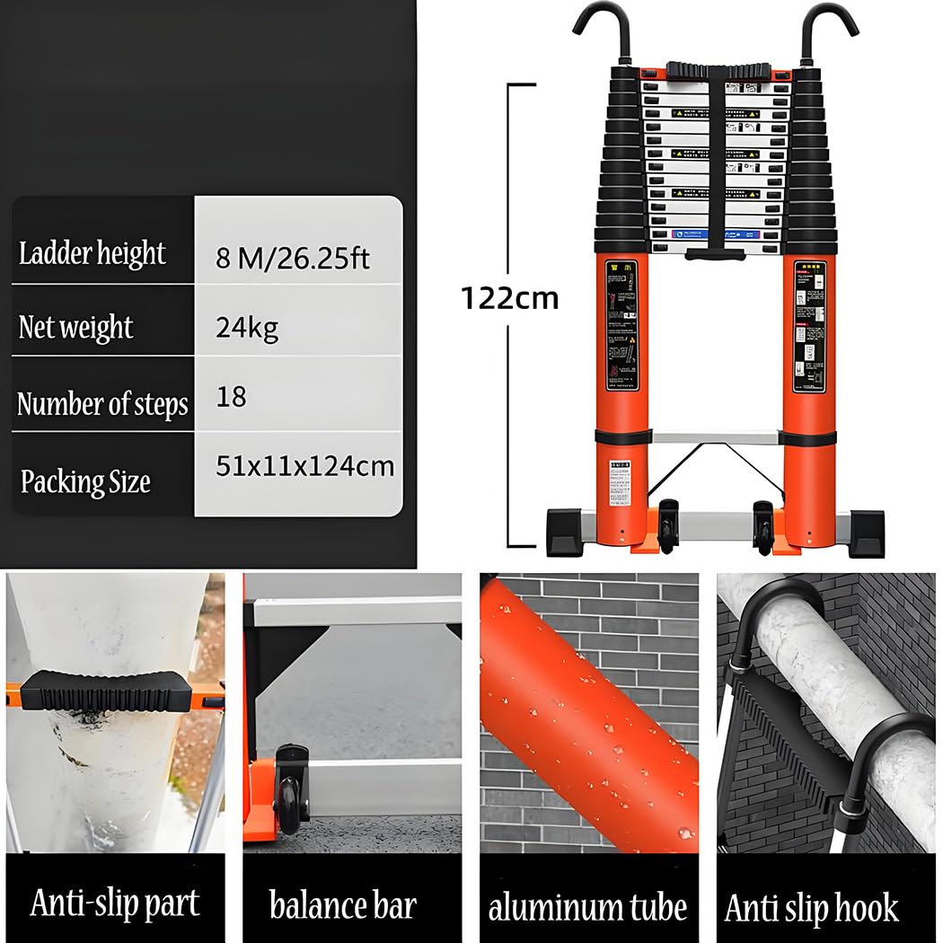 Scala telescopica in alluminio con ganci - Scala da esterno portatile antiscivolo - Scala pieghevole più lunga con ruote mobili 5 a 8 m (altezza 8 m)