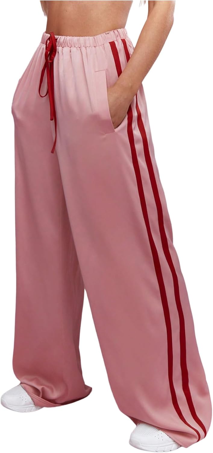 WDIRARA Women's Side Striped Satin Pants Drawstring Waist Wide Leg Baggy Trousers with Pockets