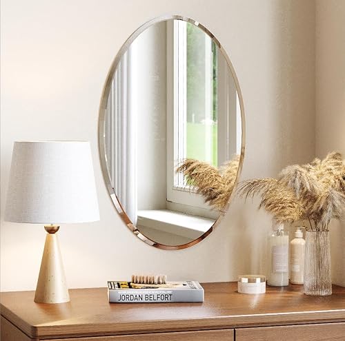 Rigidemand Frameless Wall Oval Bathroom Mirror, 24"x16" Wall Mirror with