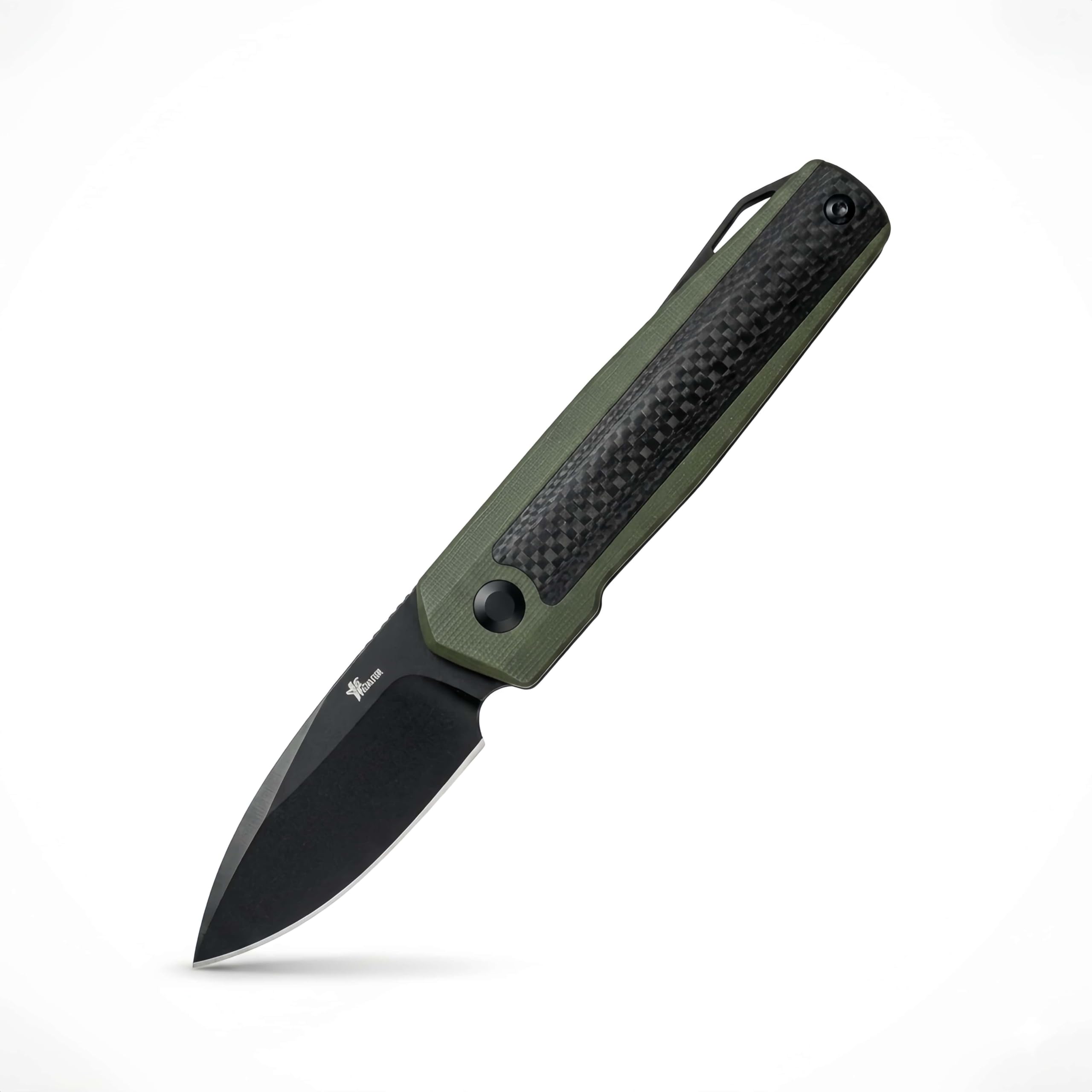 Coltello Tascabile EDC Chiudibile,Lama 5,6 cm con Rivestimento DLC Nero, Impugnatura in G10 Verde Oliva e Intarsi in Fibra di Carbonio, Double-Detent Slip Joint, Hardware in Titanio Satinato