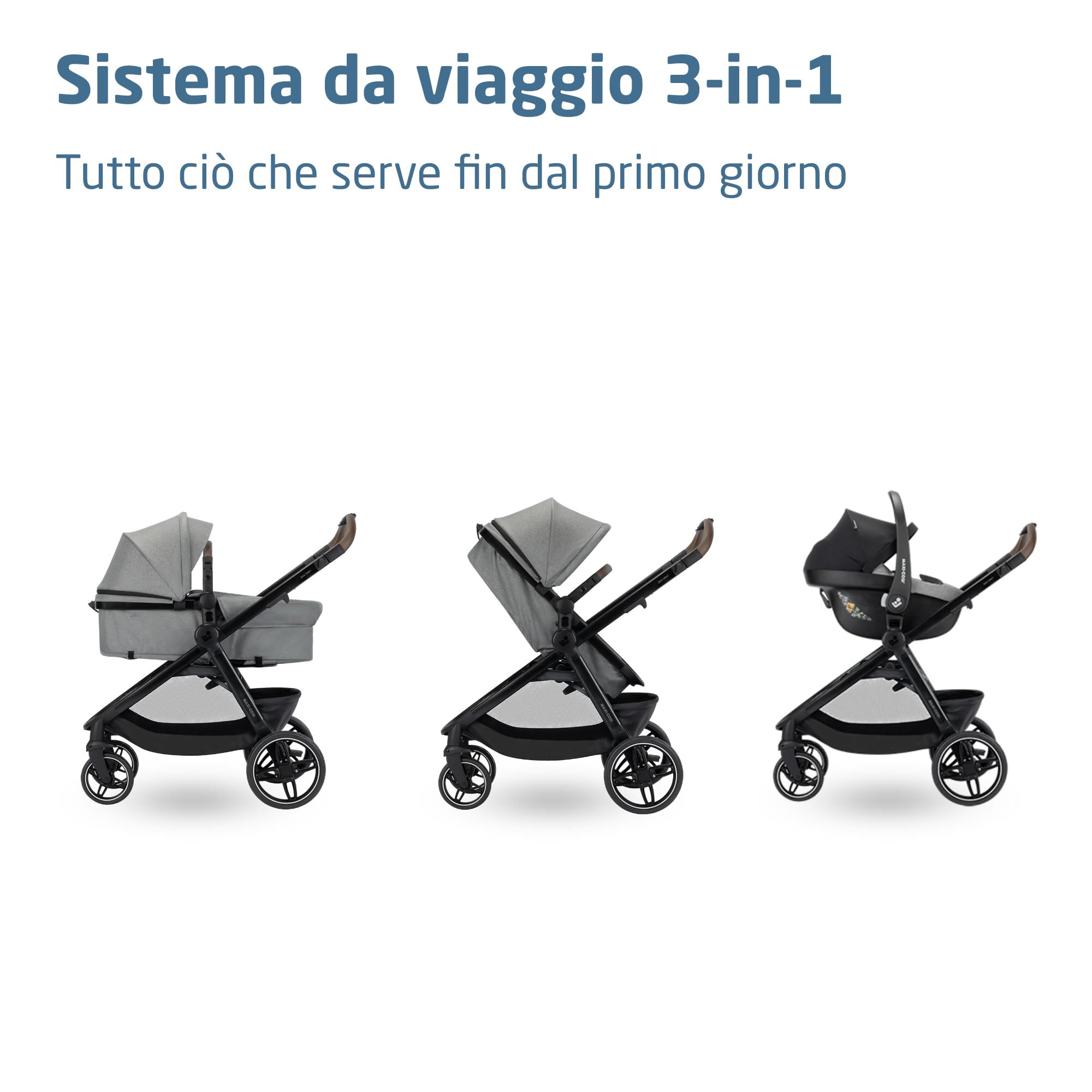 Maxi Cosi Zelia Select Trio, Passeggino Trio Con Seggiolino Auto, 0-4 anni (0-22 kg), Passeggino Neonato Compatto e Reversibile, Seggiolino Auto CabrioFix S i-Size e Borsa Passeggino, Grigio