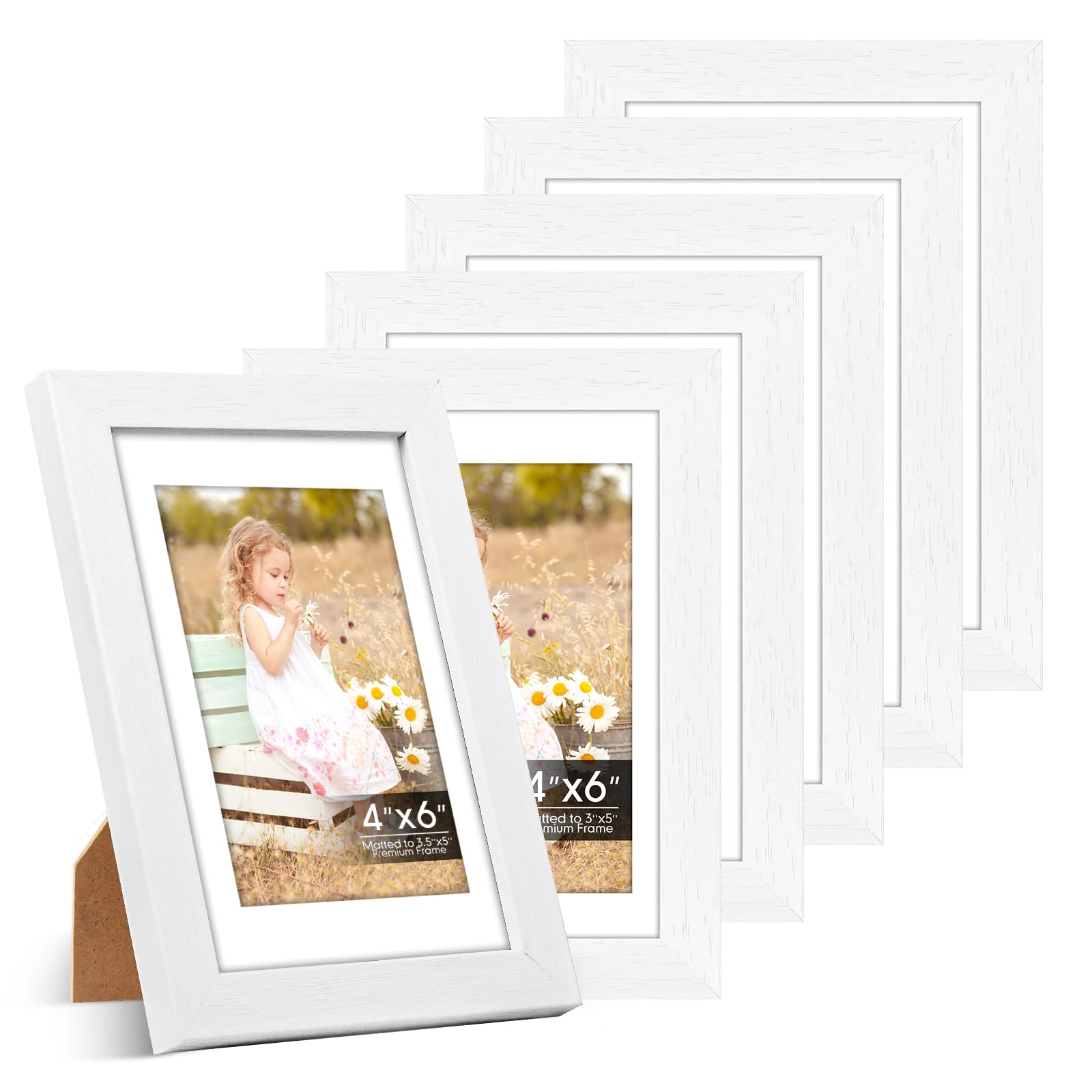 6 Pack 4x6 Frames, Mat for 3.5x5 Photos, Shatter HD Plexiglass | Removable mat fits two photo sizes, slim frame with stand for horizontal &amp; vertical tabletop &amp; wall mount