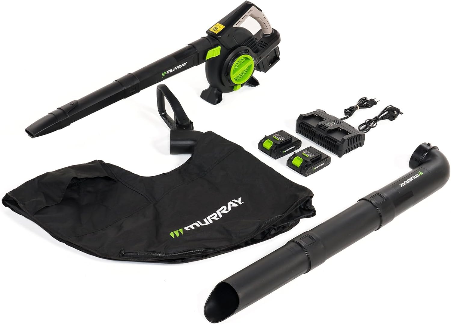 Murray Soplador y Aspirador de Hojas a Batería 20V 3 en 1 MU-BAT-VB270-KIT – Motor sin Escobillas, Control Inteligente, 4 Velocidades + Turbo, Bolsa de Polvo de 45L, Diseño de Montaje Rápido