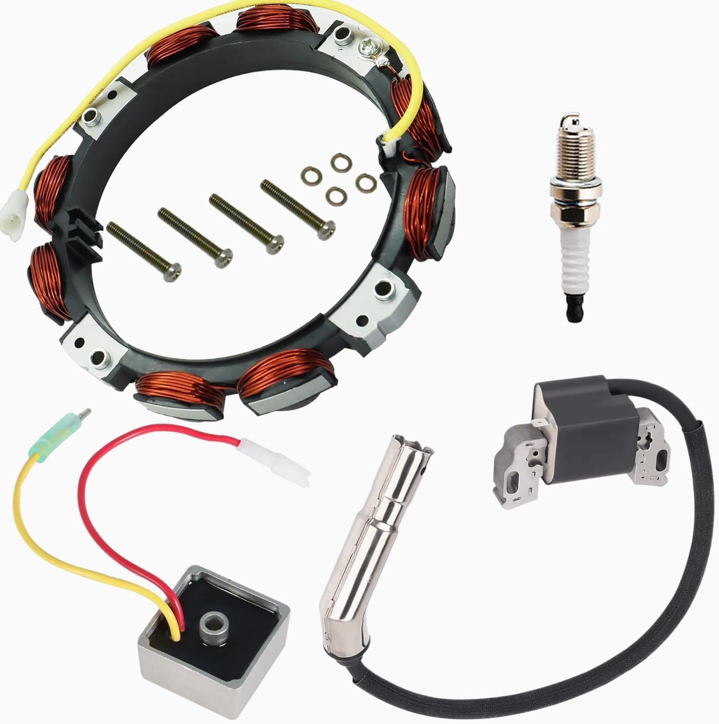 D105 Stator for John Deere D100 D105 D110 D120 102 105 107S 115 14.542GS 1642HS 1742HS with Ignition Coil Regulator Spark Plugs Alternator