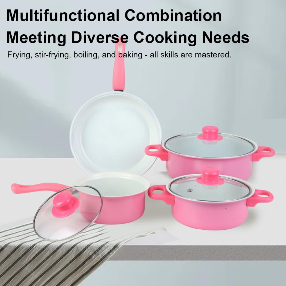 Juego de 12 utensilios de cocina antiadherentes con tapa para todo tipo de fuegos (rosa)