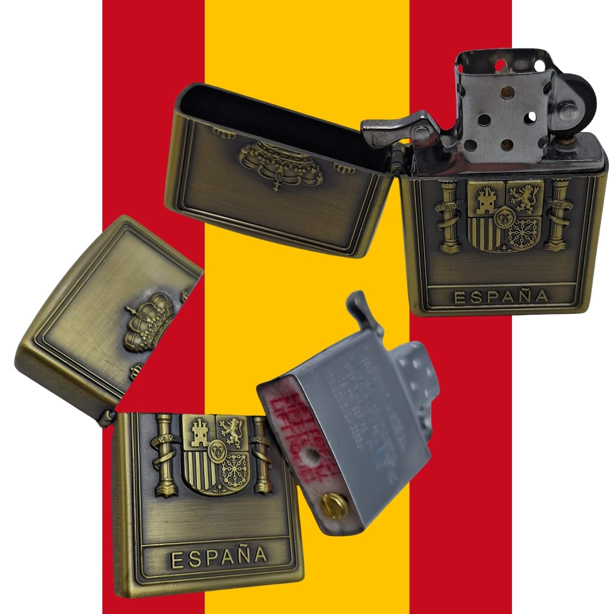 Mechero de Recargable Dorado con Grabado del Escudo de España o Escena Taurina. Se Envía en Cajita de Madera con la Bandera de España. (Escudo de España)