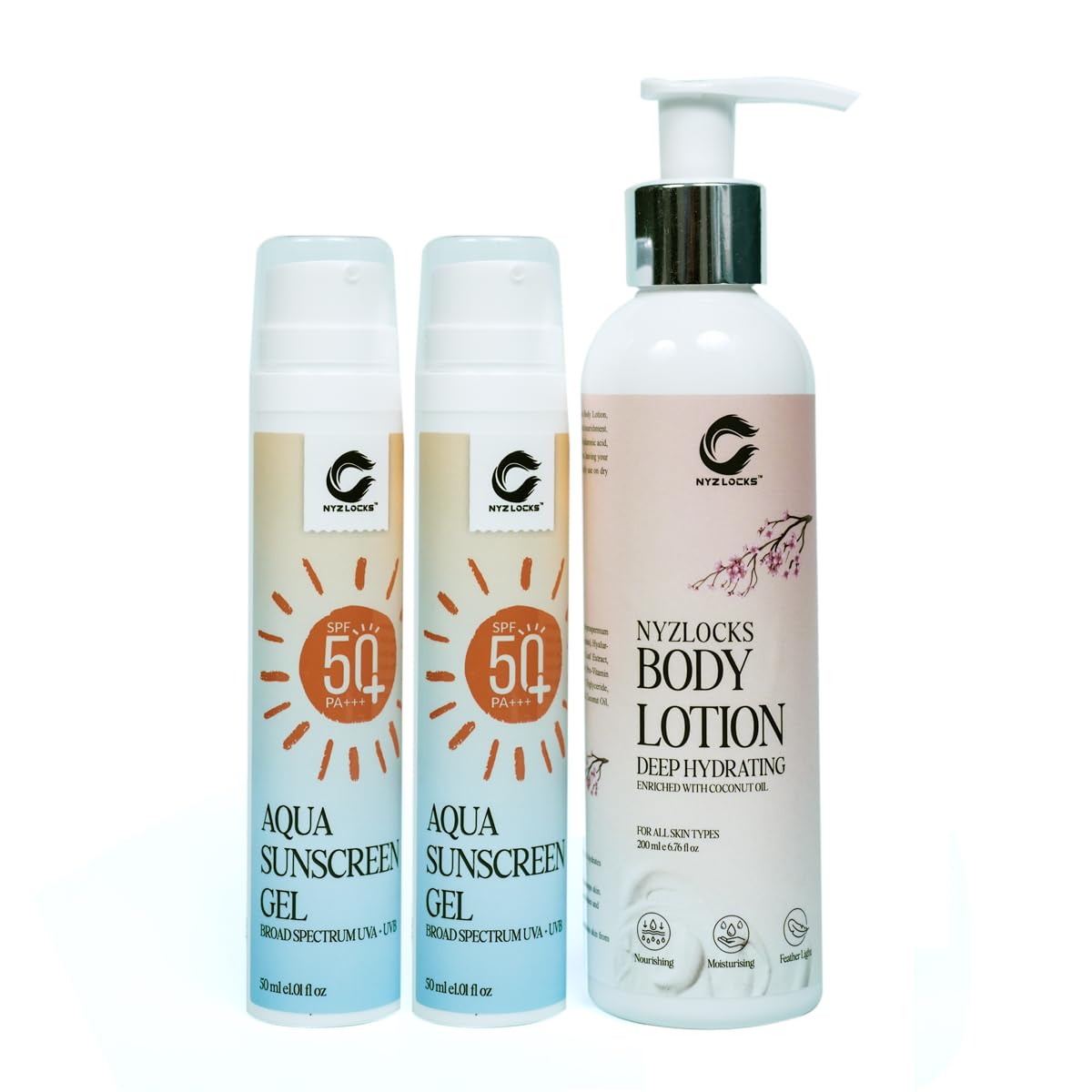 NYZ LOCKS Skincare Combo | Deep Hydration Body Lotion (200ml) (1 Pc) & Aqua Sunscreen Gel SPF 50+ PA++ (50ml) (2 Pcs) | Intense Moisturization & Broad-Spectrum Sun Protection | Non-Greasy, Fast-Absorbing & Lightweight | For All Skin Types-image-28