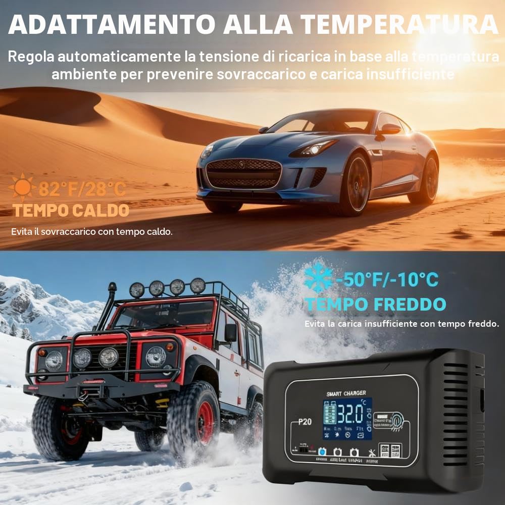 Caricabatterie e mantenitore di carica intelligente per batterie al litio/AGM/piombo-acido/LiFePO4 da 12V/24V 20A, P20 a 4 modalità con schermo LCD e riparazione a impulsi,per auto,moto e imbarcazioni
