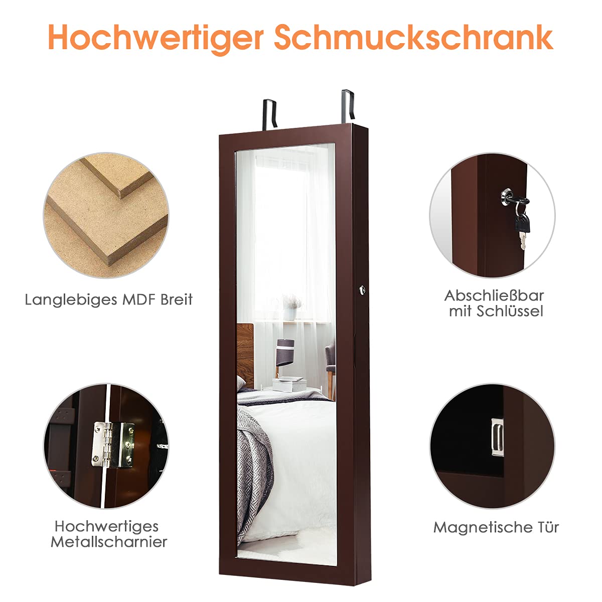 COSTWAY Schmuckschrank hängend, 2 in 1 Spiegelschrank mit LED Leuchten & 2 Schubladen, Hängeschrank abschließbar, Wandschrank Schmuck Organizer zur Wand-/Türmontage (Braun)