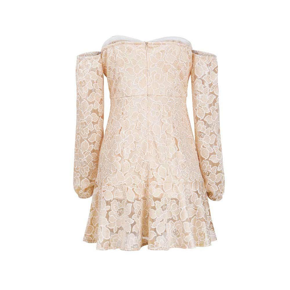 Liuzecai Women Casual Dress Women's Mini Dress Off Shoulder Long Sleeve Sweetheart Embroidered Vintage Floral Lace Dress Vintage Retro Dresses (Color : Beige, Size : S)