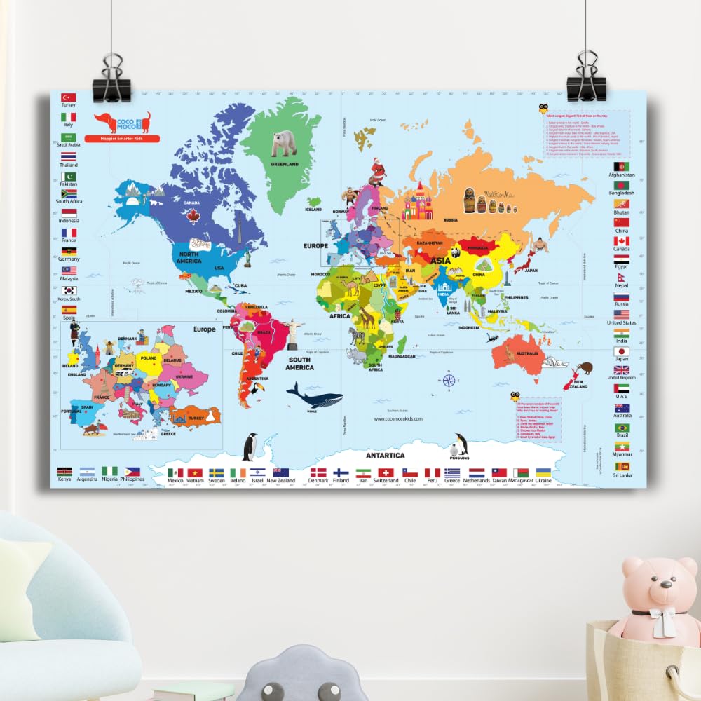 CocoMoco Kids Giant World Map for Kids 5 x 3 feet - Non Tear Canvas | Educational Toy with Capitals, Monuments, Animals | Birthday Return Gift for Ages 3-5 years, 6 to 14 years-picture-10