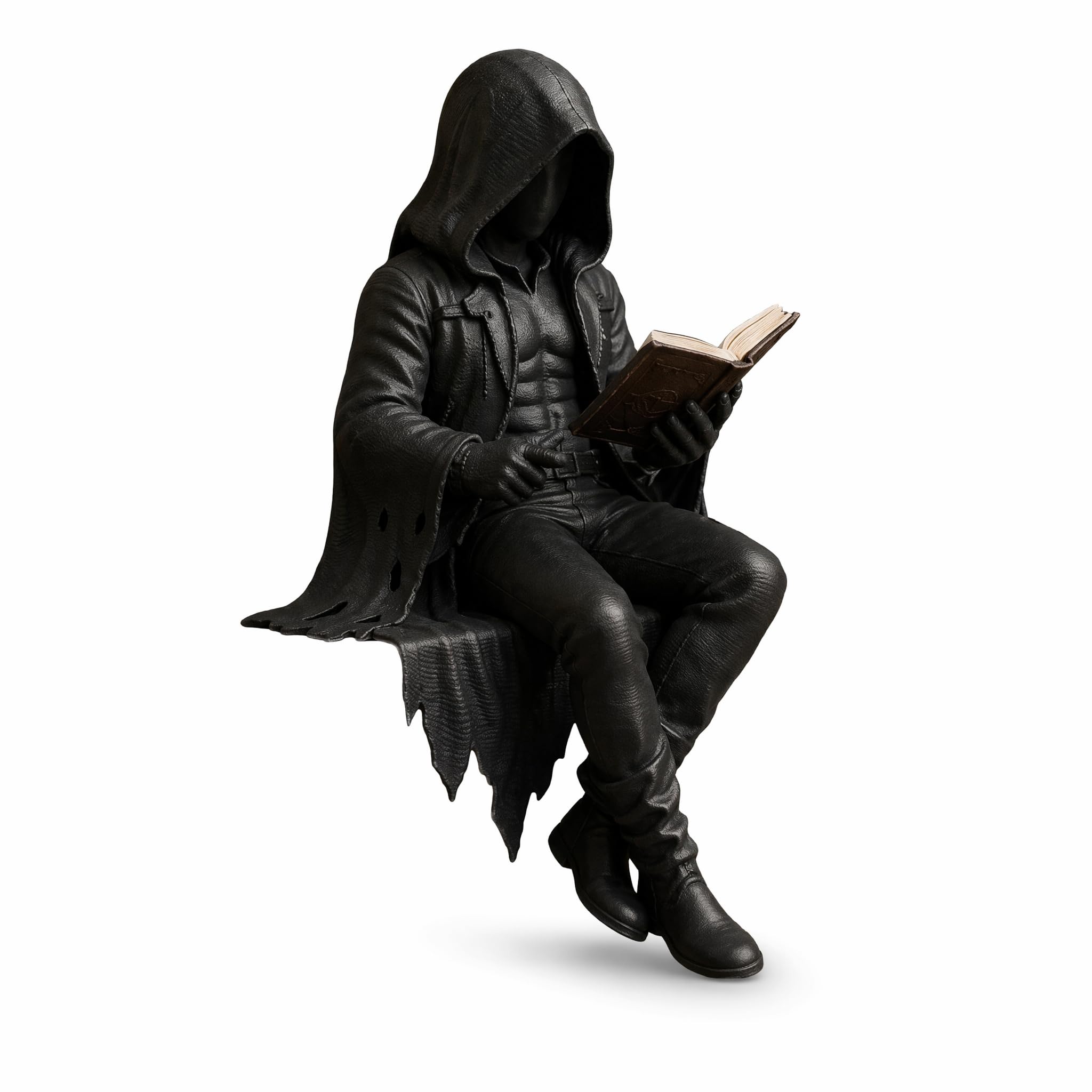 Gothic Dark Fantasy Figure, Resin Sitting Reaper Reading Book Sculpture (A)