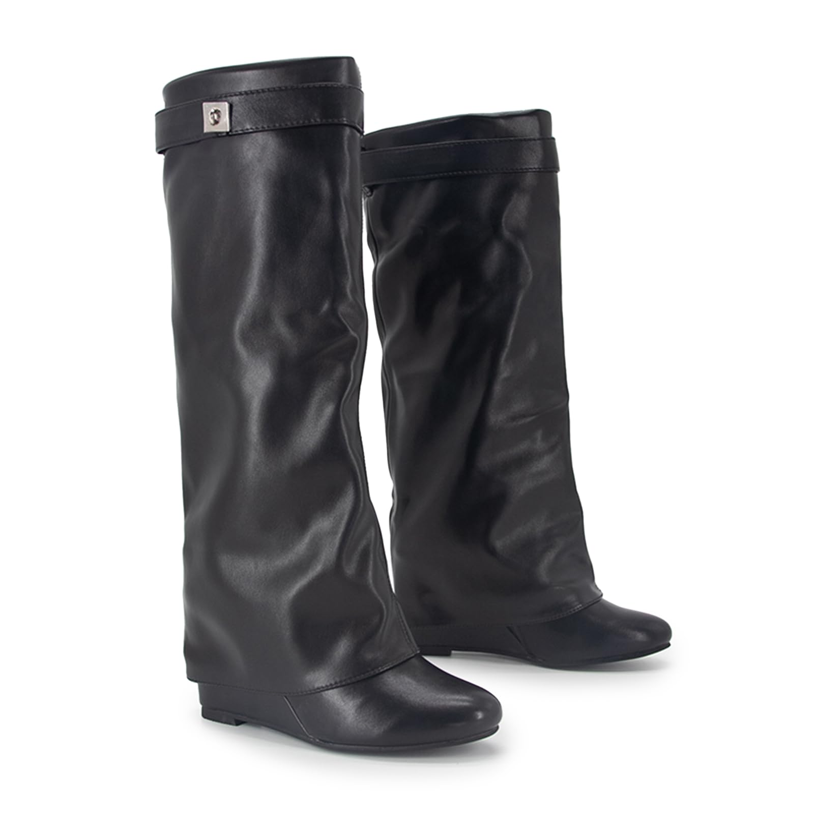 Fold Over Boots Womens Knee high Shark Boots Pointed Toe Wedge Heel Flat Shoes For Fall Winter Dress