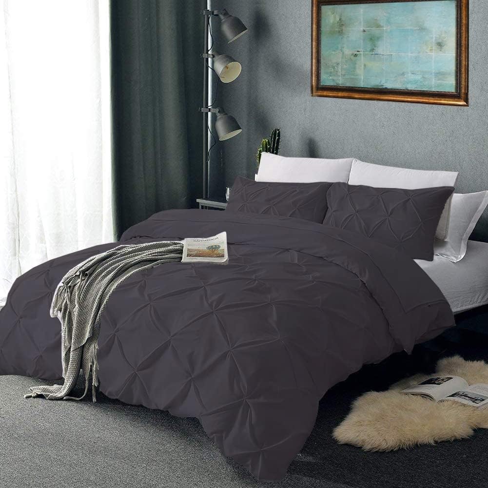 Pinch Pleated 3 Piece Duvet Cover Set 100% Egyptian Cotton 800 Thread Count with Zipper & Corner Ties, Queen/Full (90" x 90") Size - Silver Solid