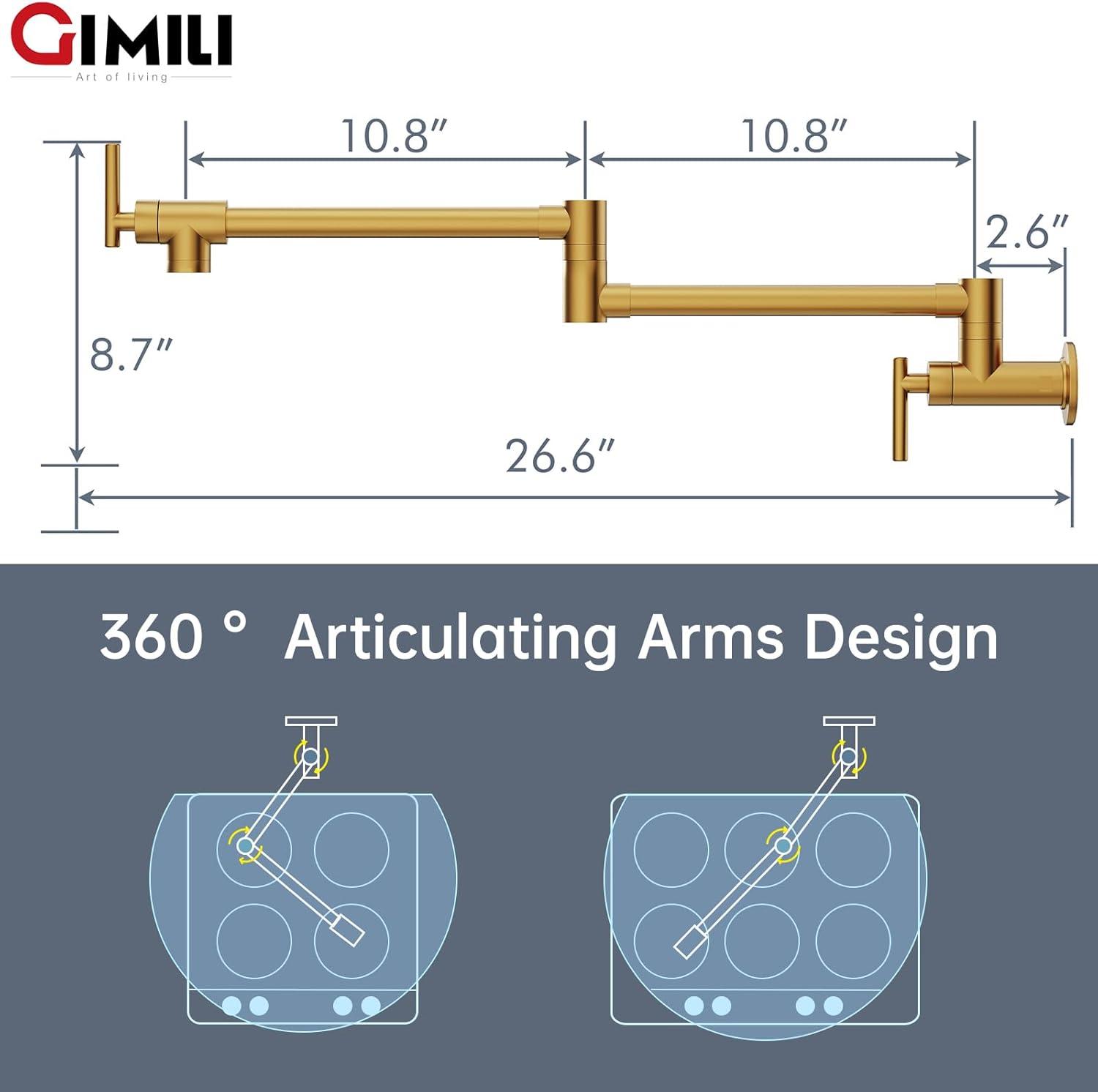 GIMILI Pot Filler Gold Commercial Wall Mount Faucet Folding Double Joint Swing Arm Pot Filler Rotatable Wall Faucet - Image 2