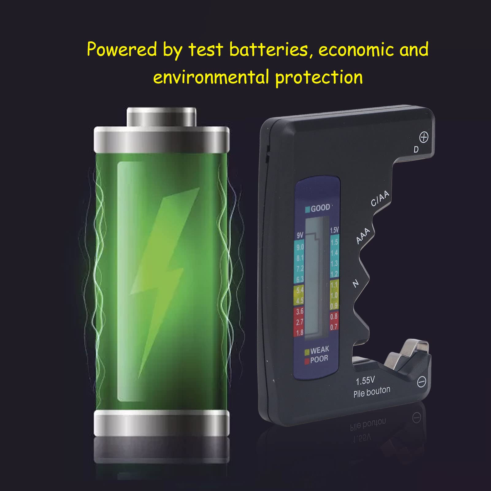 Digital Battery Tester LCD Screen 1.5V 9V Battery Checker for Button Cell Batteries Metering (Black)