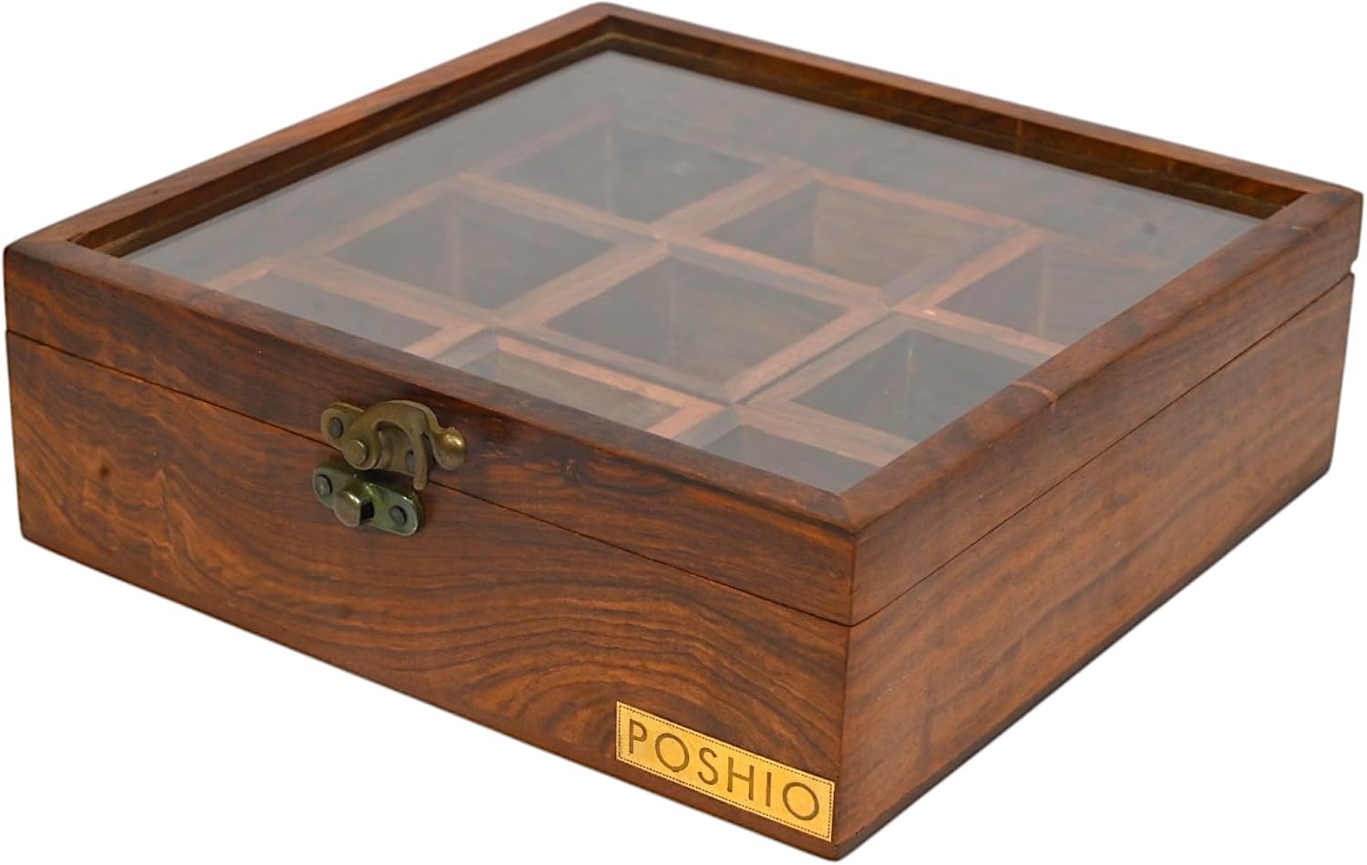 POSHIO Masala Box Dabba for Kitchen Tabletop Big Size Kitchen Organizer Spice Organizer with Removable Partitions (Brown)