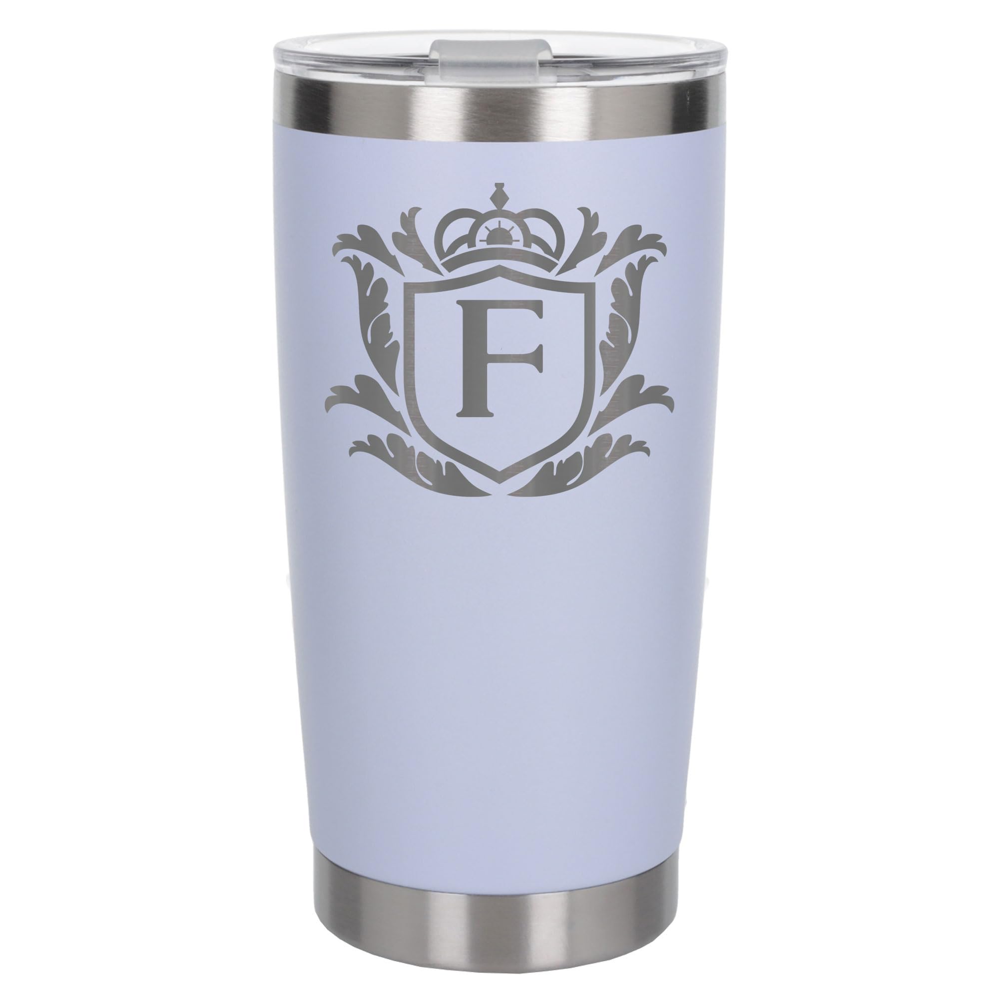 Customised Gifts 500ml Engraved Shield Initial Monogram Insulated Personalised White Travel Mug for Men and Women - Personalised Initial Coffee Travel Mug for Hot and Cold Beverages, Letter F