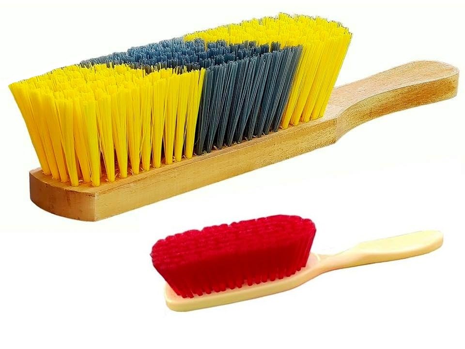 Antiter Plastic Combo of Multipurpose Cleaning Brush, Coat Cleaning with Soft Bristle for Dust Remover/Wooden Handle Hard Bristle for Carpet, Car Seats, Carpet, Mats (Set of 2 Brush)