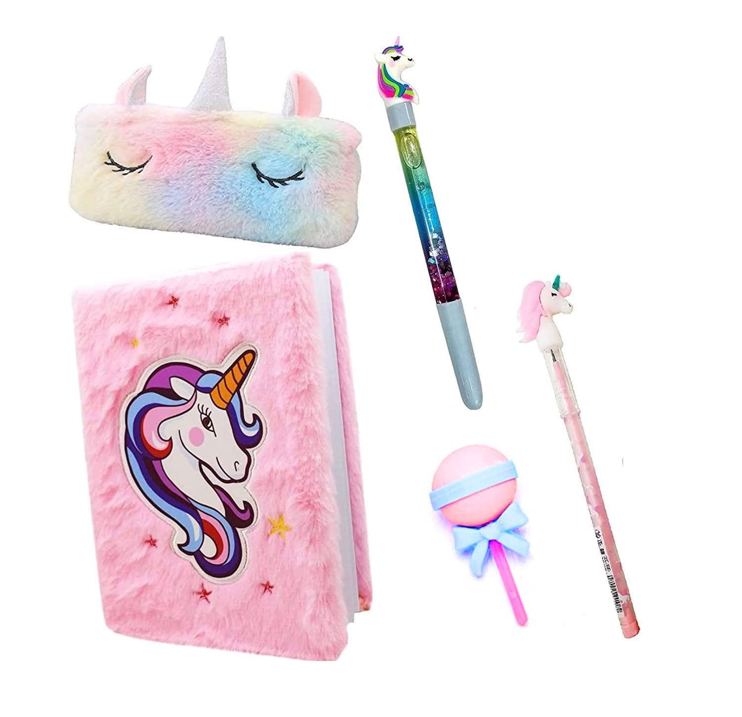 Neel® Combo of 6 Pcs Unicorn Fur Pouch, A5 Size Fur Diary, Water Blue Pen, Pencil, Ice-Cream Eraser for Kids Best birthday return, give away party favor kanya pujan gift rakhi gitfs